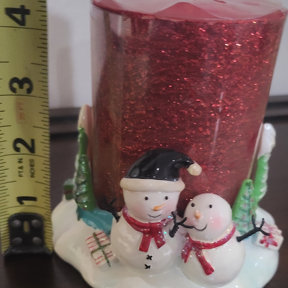 Festive Red Glitter Candle with Snowman Decor